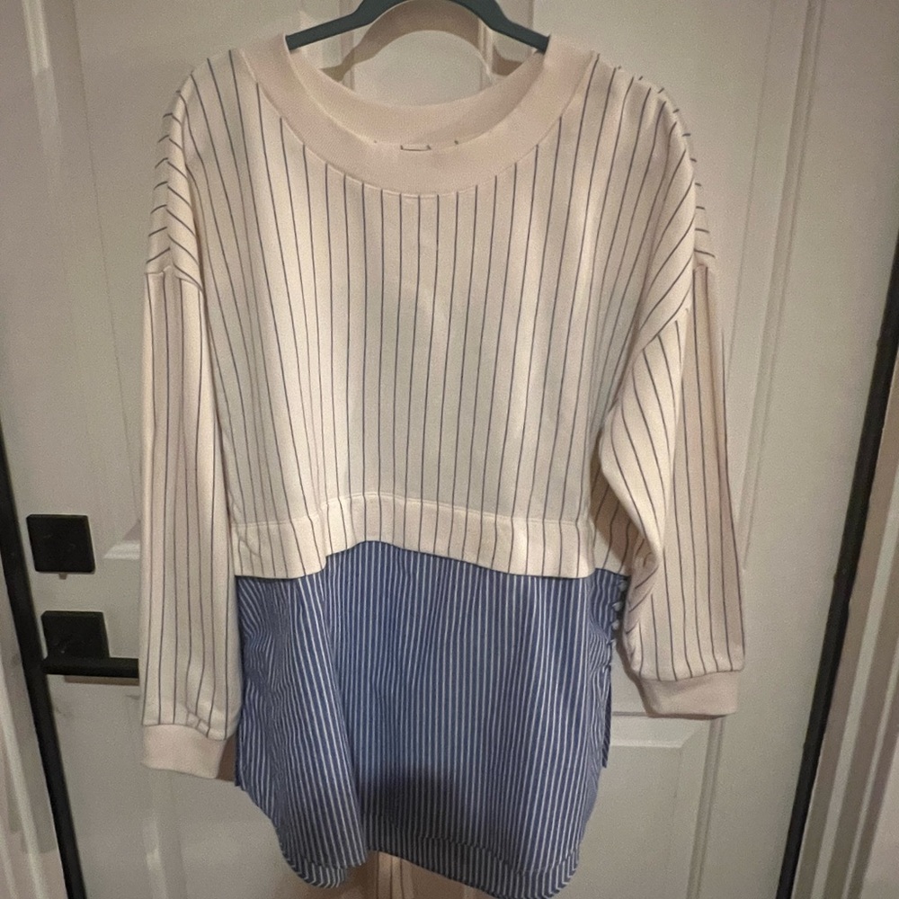 Anthropologie Cream and Blue Striped Top